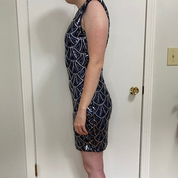 Short Blue Sequin Mini Dress; 1920s Dress, Medium - Picture 2 of 4